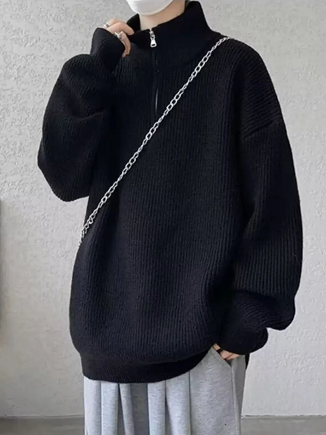 Thiened f-Collo alto Cerniera Maglione lavorato a maglia da uomo Colore puro Mid-Ne Pullover Inverno Faion Caldo morbido lungo Sve Top