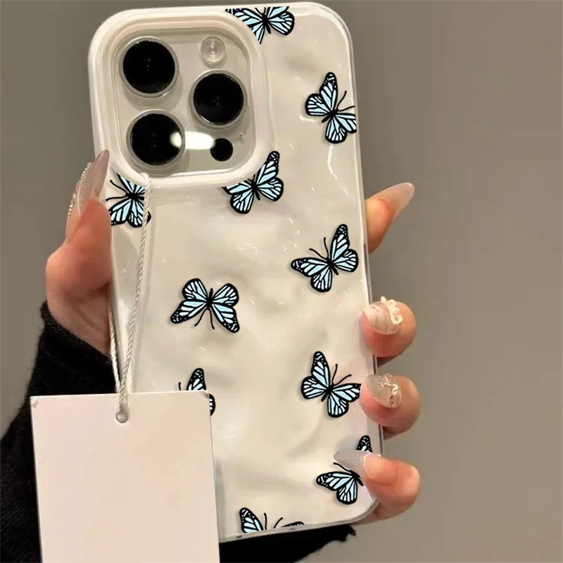 

Cute Blue Butterfly Simple Wavy 3D Phone Case for iPhone 17 16 15 Plus 14 Pro 13 12 11 Pro Max 17 Air Soft TPU Shockproof Cover