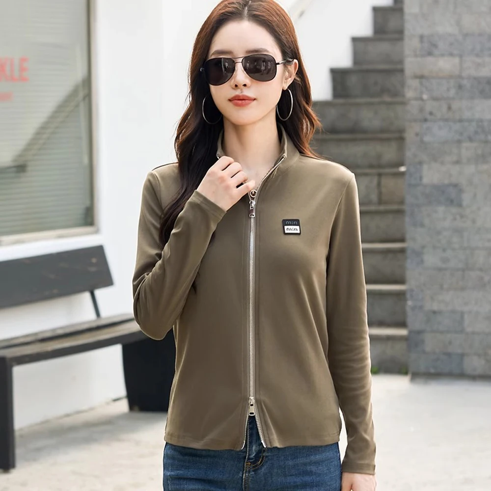 Green stand up collar cotton long sleeved T-shirt for women's autumn and winter new style plus size sports zipper casual top