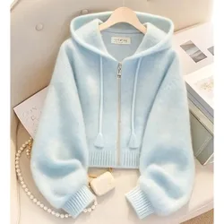 Lazy Wind Feminine Long Sleeves Knitting Spring Autumn Women Leisure Hooded Sweater High-grade Ladies Fashion Zipper Knitted