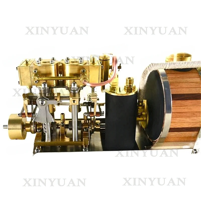 Steam Engine, Two-Cylinder Reciprocating Power Group Retro Model Equipped with Single Vertical and Horizontal Boiler
