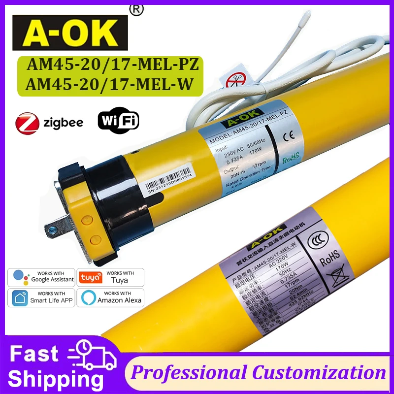 A-OK AM45 20/17 Smart  Rolling Tubular Motor Tuya Wifi/Zigbee,RF433 for 50/55/63/70/85mm Tube Rolling Blinds/Lifting System