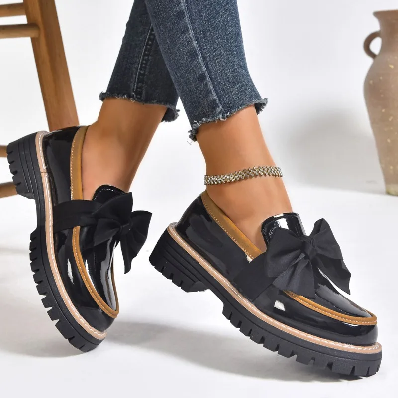 Women's Bow Platform Loafers Fashion Patent Leather Dress Oxfords Shoes Woman Comfortable Slip on Flat Shoes Plus Size 36-43