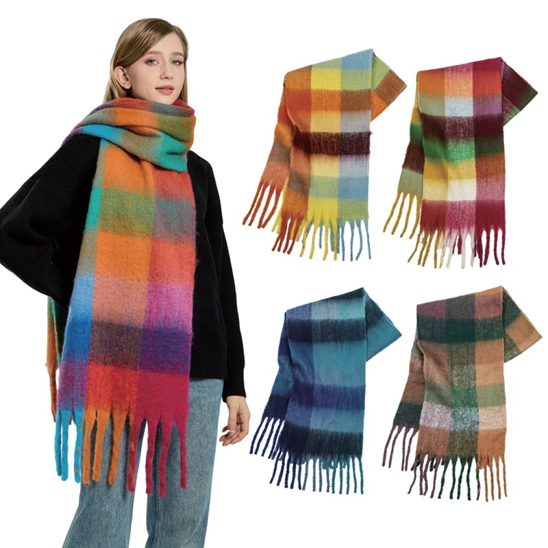 Bufanda a cuadros de colores para mujer, bufanda larga gruesa de Mohair, protección del cuello cálida a prueba de frío para invierno, informal y versátil