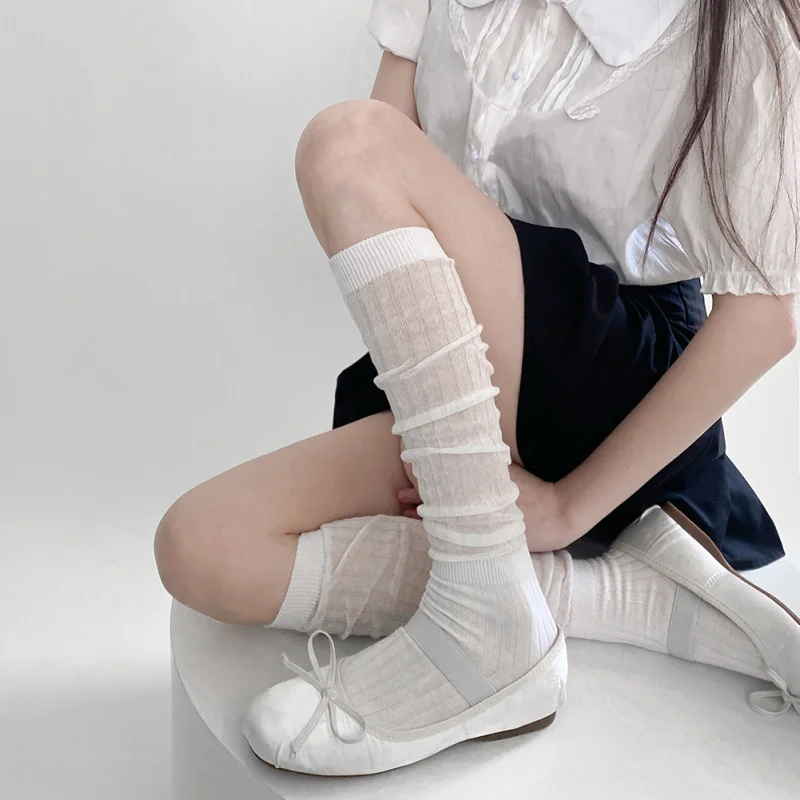Летние простые белые носки до середины икры в японском стиле для женщин, тонкие милые хлопковые носки выше колена в вертикальную полоску, универсальные носки