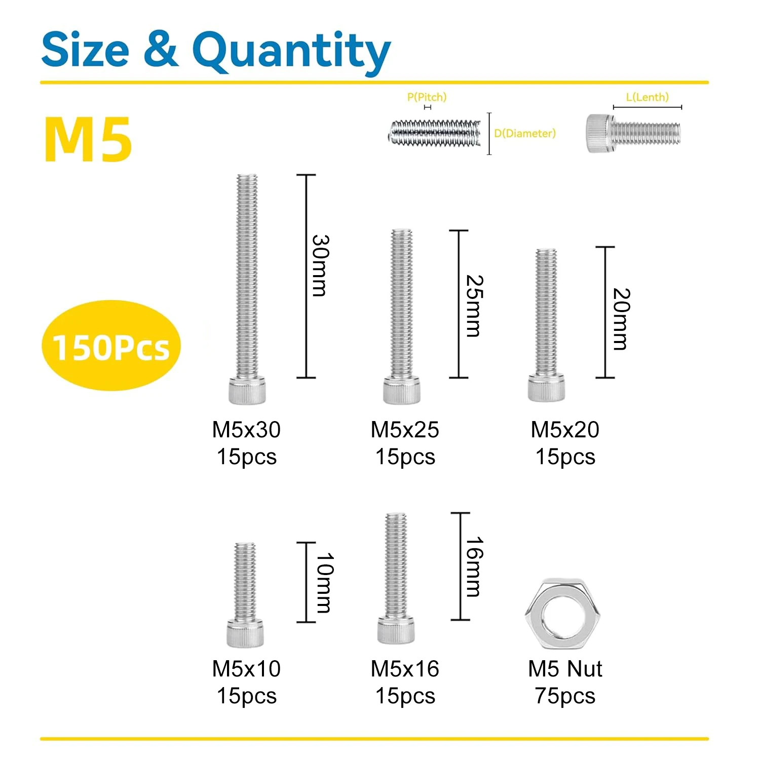 Picture 4: 150 Pcs M5 Screw Assortment Metric Hex Socket Head Cap Screws Nuts Kit with Hex Wrench, Stainless Steel