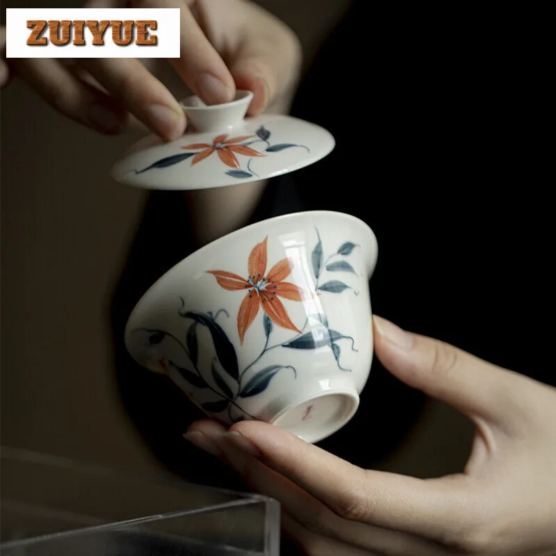 

115ml Plant Ash Handmade Cover Bowl Household Boutique Handpainted Gaiwan Traditional Tea Tureen Tea Making Cha Ornament Gifts