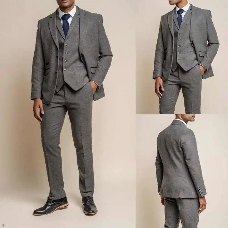 Fashion Men's Grey Suits Formal Slim Fit Peak Lapel Tweed Prom Tuxedos Business Casual Suit Jacket 3 Pieces (Blazer+Vest+Pants)