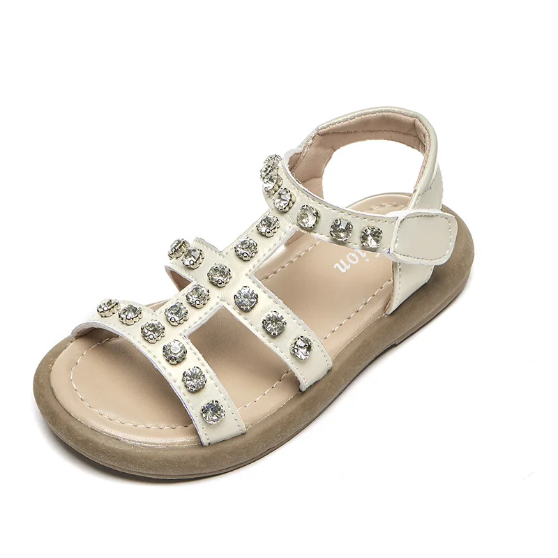 Kinderen Retro Romeinse Sandalen 2024 Gloednieuwe Koreaanse Comfortabele Zachte Zool Meisjes 'Mode Strass Strandschoenen Kinderen Zomer Flats