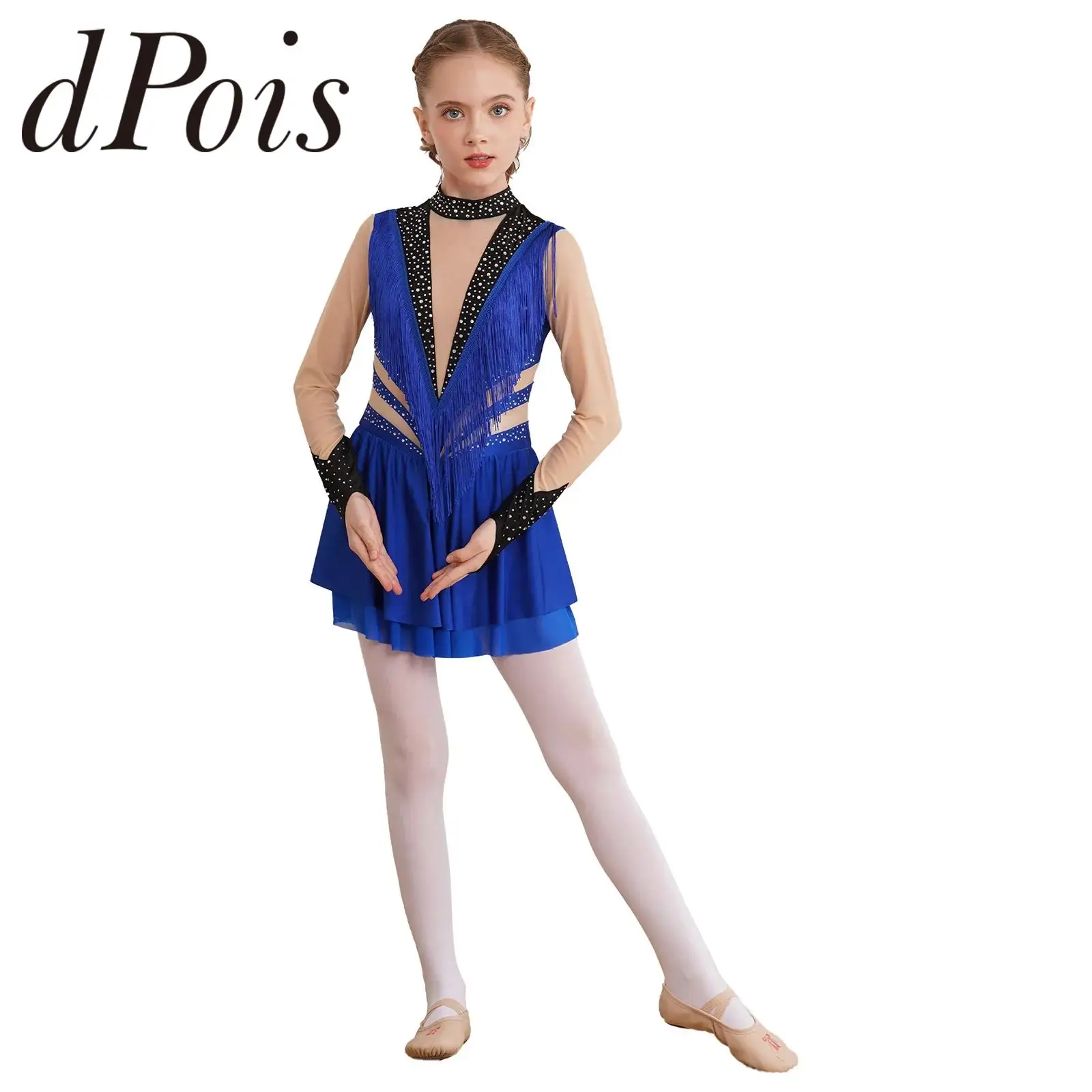 

Kids Girls Figure Skating Dress Rhinestone Sheer Mesh Long Sleeve Fringed Dance Leotard Dresses for Dancing Competition Costume