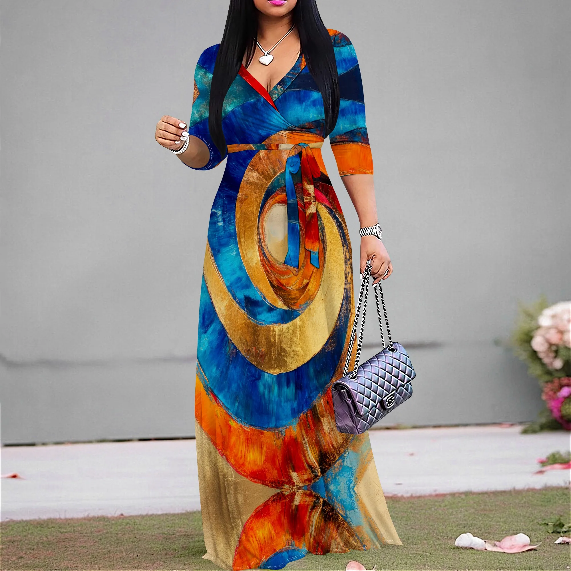 

Women's Abstract swirl Print Maxi Dress Boho V-Neck Half Sleeve A-line Dress with Belt for Holiday Vacation Wear XS-3XL
