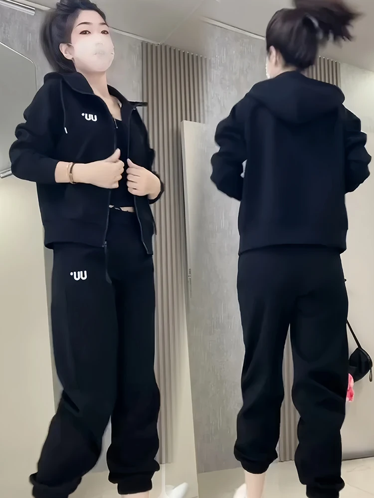 

Fall 2025 Women's Spor Two-Piece Set ular Hooded Jaet And Cuffed Pants Ensemble Casual Loose Fit High Waist Trousers