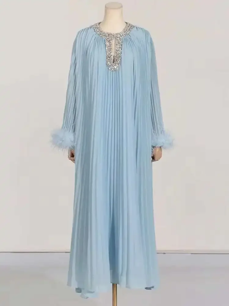 

Женские вечерние платья трапециевидной формы с длинными рукавами и бисером Miyake, новинка лета 2025, женские платья, модные лоскутные длинные перья