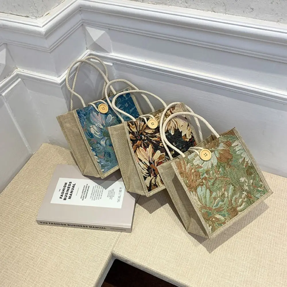 Printed Ethnic Style Canvas Bag Portable Tote Bag Linen Handbag Storage Bag Large Capacity Printing Cloth Lunch Bag Children