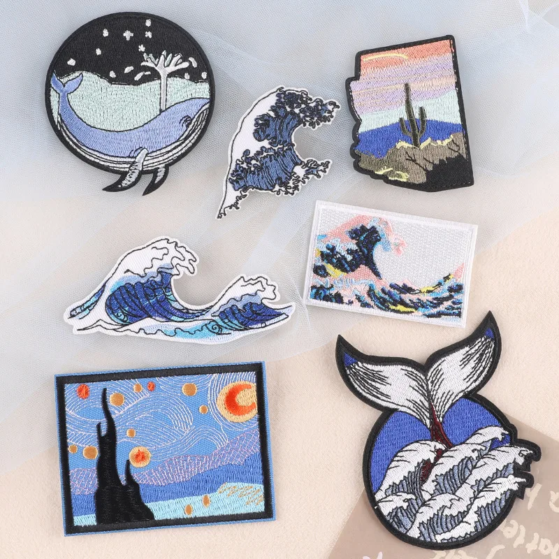 Patches für Jacken, Outdoor-Kleidung, Meereswellen, Naturlandschaft, Walstreifen, Parches, zum Aufbügeln, bestickter Stich, DIY-Designer, zum Aufnähen – Detail 32