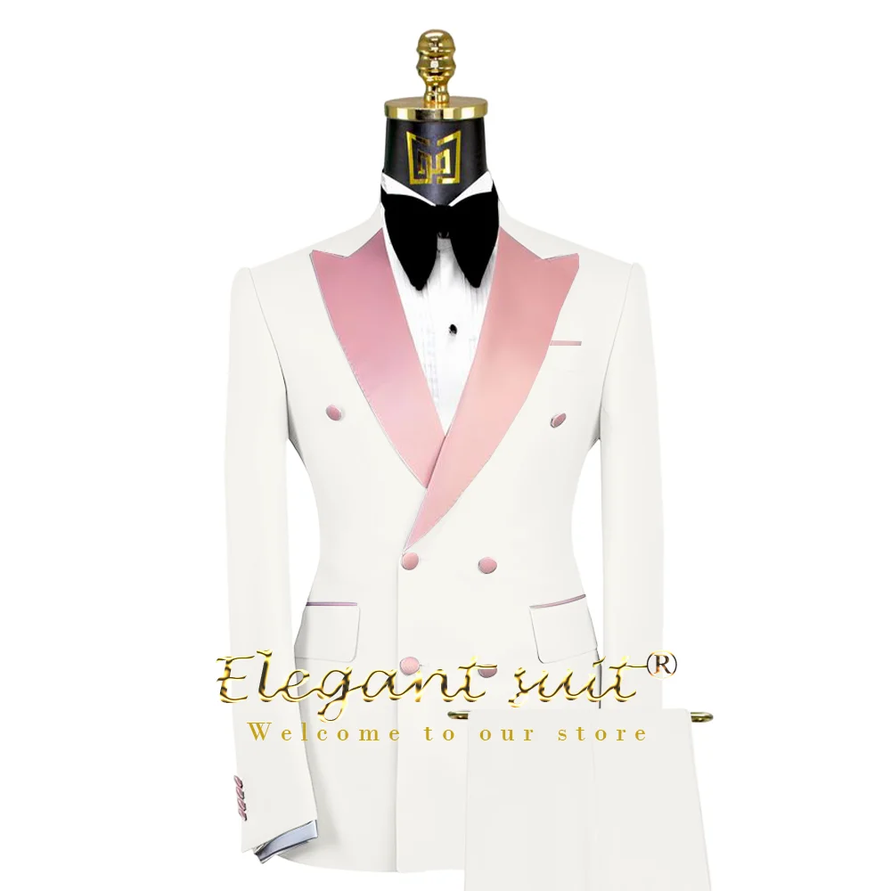 Men\'s stylish pink satin peaked collar double-breasted suit 3-piece suit (jacket, vest and trousers) custom groom banquet suit
