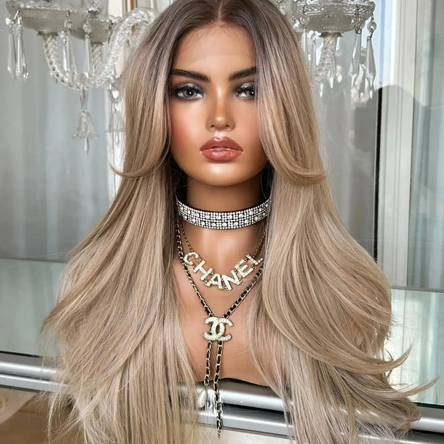 24 Inches Ombre Ash Platinum Blonde Synthetic Lace Front Wigs Medium Length Straight Premium Wig High Quality Realistic Wig