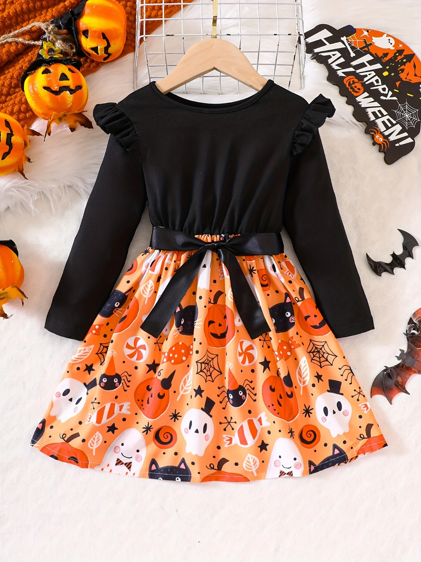 Mädchenkleidung, Mädchenkleid, Halloween-Kleid, gestricktes Langarmkleid mit Rundhalsausschnitt, Kleid mit Kürbis-Print, Party, Geschenk – Detail 2