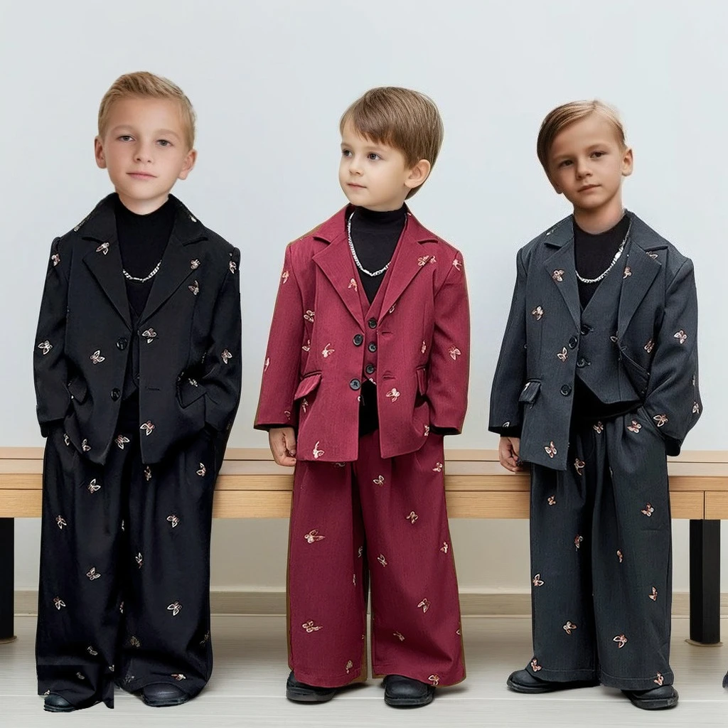 

Autumn School Boys Suit Butterfly Embroidered British Style Blazer Kids Formal Wear Performance Costumes for Children 2-12 Years