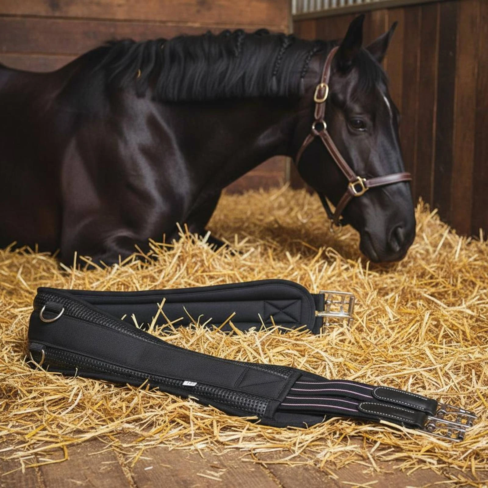 black-horse-girth-stitched-padded-saddle-girth-equestrian-gear-adjustable-anatomical-fit