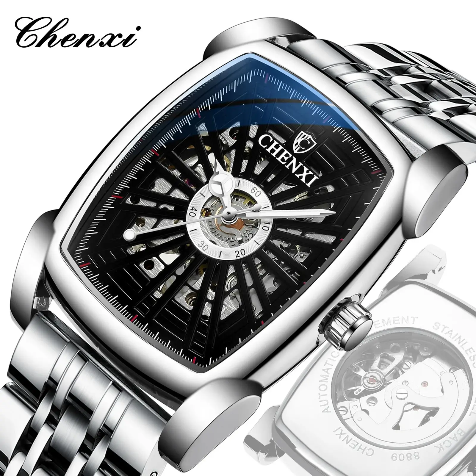 

CHENXI Luxury Waterproof Men's Mechanical Watches Barrel-Shaped Automatic Skeleton Mechanical Watch Square Design High-end Gift