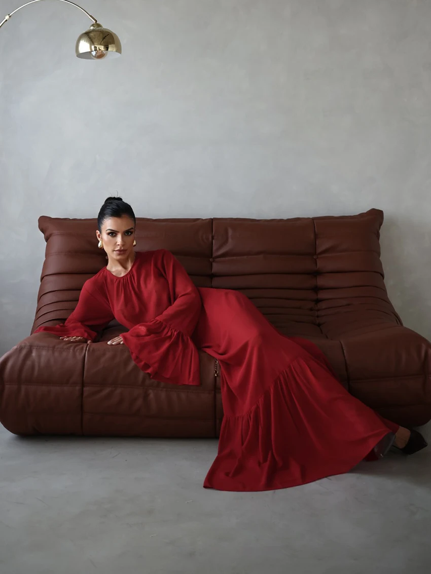 Marthaqiqi Chiffon Red Women Nightwear Suit Long Sleeve Nightgowns O-Neck Sleepwear Long Skrit Loose Ladies Pajamas 2 Piece Set