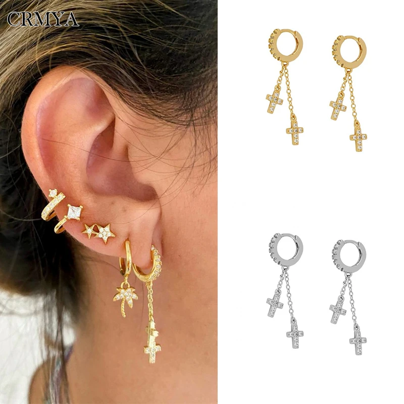 

CRMYA Gold Plated Hoop Earrings for Women CZ Zircon Piercing Initial Chain Cross Dangle Earrings 2022 Jewelry Wholesale