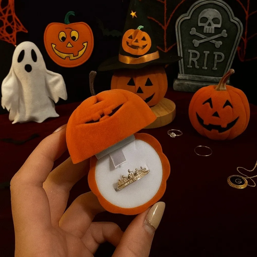

Creative Wedding Halloween Jewelry Box Storage Anti-collision Pumpkin Rings Box Mini Orange Flannel Jewelry Organizer Couples