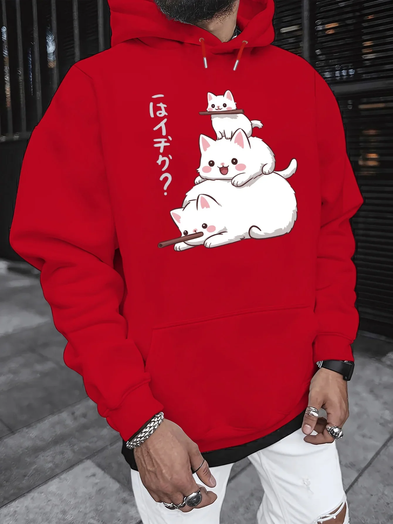 Japanese Kawaii Stacked White Cats Graphic Hoodie Cute Anime Style Pet Print Pullover Hooded Sweatshirt Unisex Loose Fit