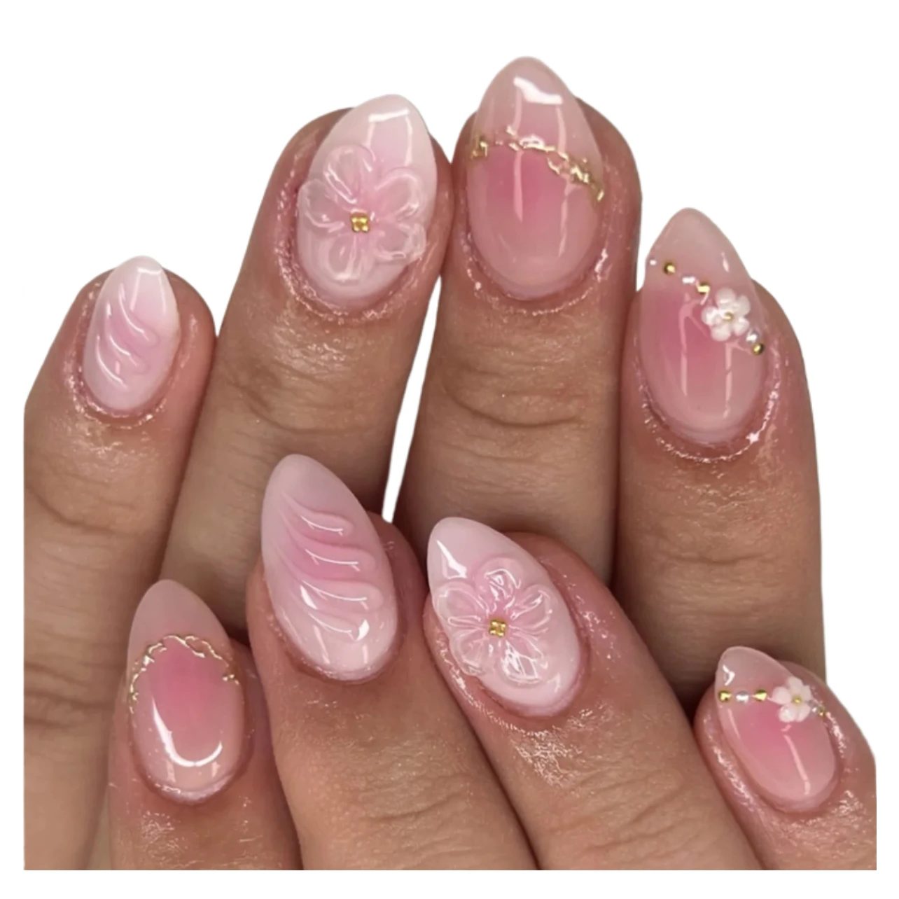 

24PCS Short Almond Shape Press on Nails with 3D Pink Floral Gradient Design Blush False Nails Sweet Cute Style Daily Manicure 네일