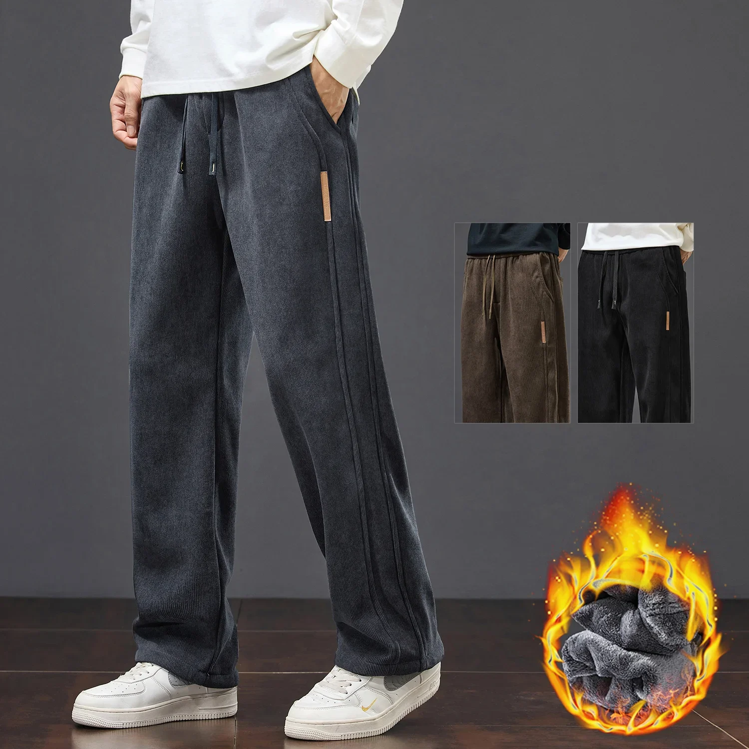Winter Warm Fleece Lined Men's Corduroy Pants Baggy Straight Drawstring Elastic Waist Pants Streetwear Brown Casual Trouser Male