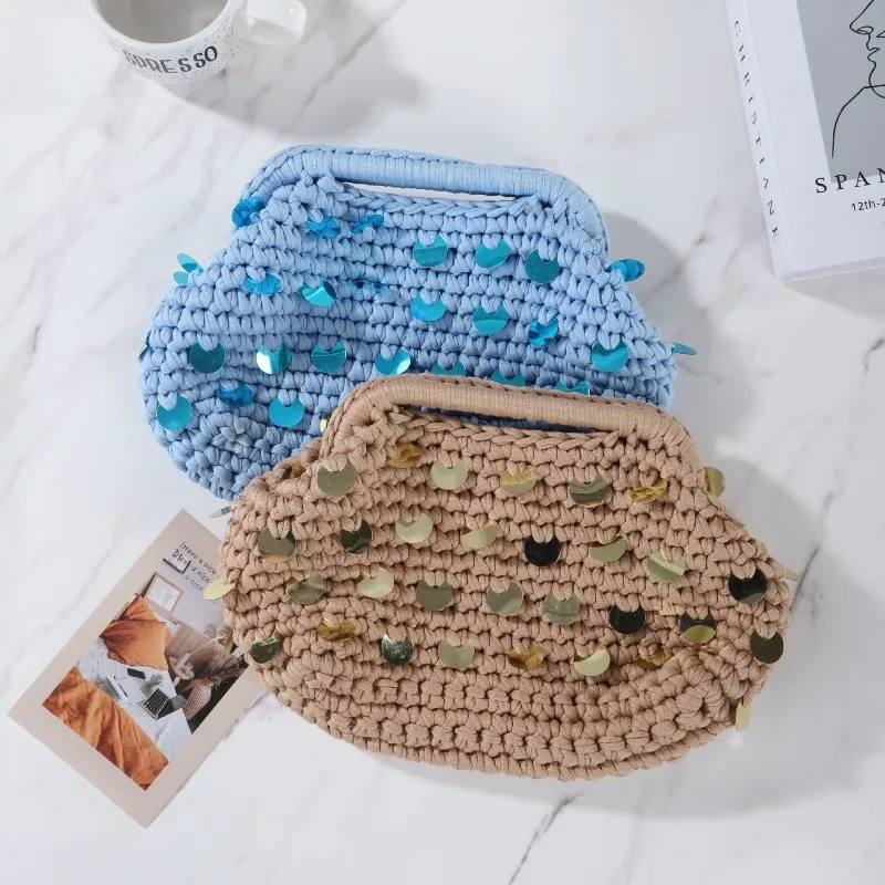 

2026 New Style Elastic Cotton Hand-Woven Clutch Bag Circular Sequins Design Women's Trend Party Wedding Banquet Package