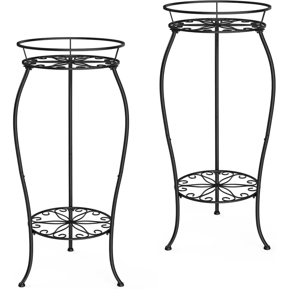 2 Pack Metal Plant Stands, Tall Planter Holder Indoor Outdoor, 2 Tier Round Potted Supports Rack, Display Shel Black