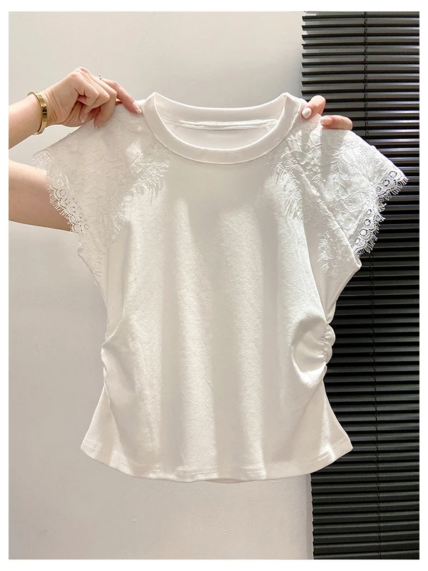 Nova Blusa Feminina de Verão 2026 com Renda Branca e Mangas Curtas, Top Curto de Algodão Puro com Cintura Plissada, Estilo Ca...