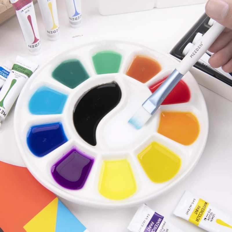 

Ceramic Palette Round Multi-grid Pigment Tray Easy To Clean White Porcelain Artist Gouache/watercolor Painting Art Supplies
