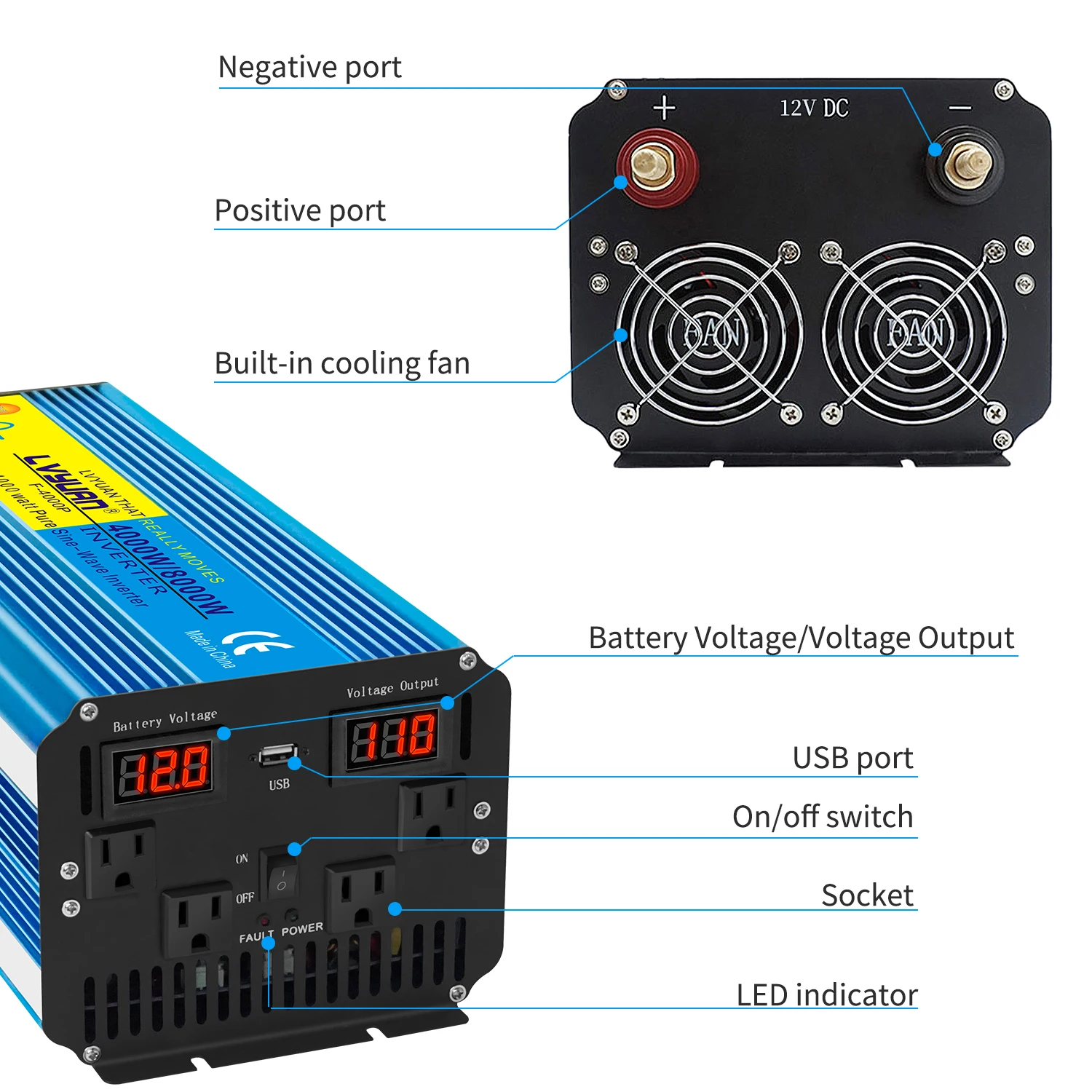 Pure Sine Wave DC12V/24V To AC 110V Voltage 4000W/8000W 60HZ Power Converter Solar Car Transformer With LED Display