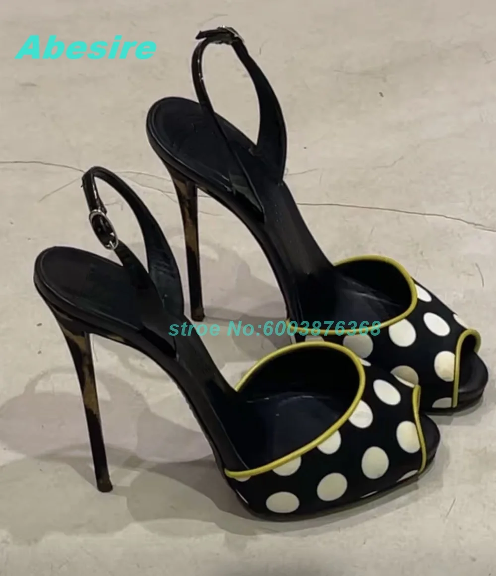 Polka Dot Patchwork Two-Tone Sandals Peep Toe Stiletto Heels Ankle Buckle Shoes for Women Party Fashion Show Y2K Style Shoes
