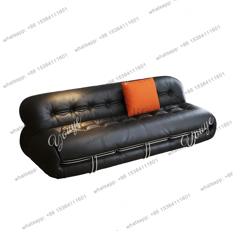 Bauhaus-Inspired Italian Leather Sofa Designer 3-Seater In Black, Wabi-Sabi Minimalist Style Genuine Leather Black Couch Room