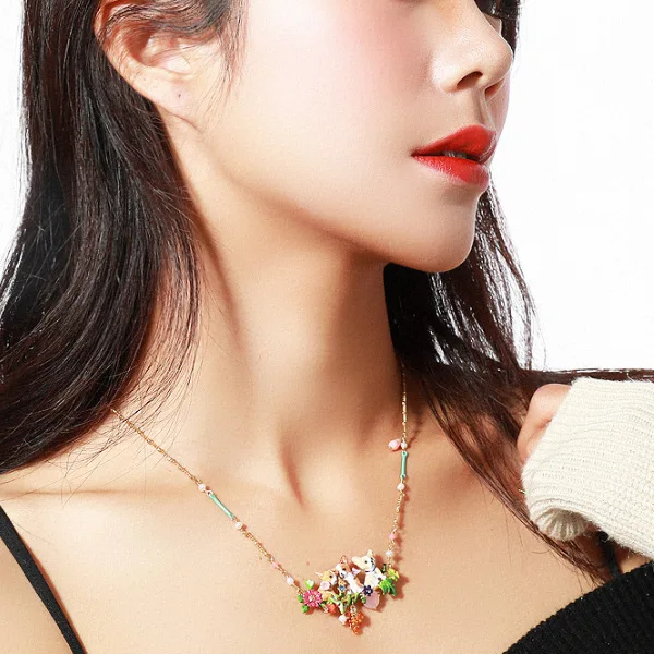 Three-Dimensional Exquisitely Enameled Flower And Gemstone Chihuahua Pendant Necklace With Multiple Tassels—adorable Pet Animal