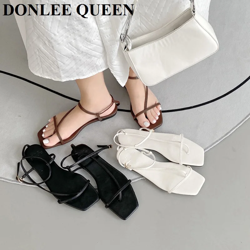 2024 Summer Sandals Women Flat Square Toe Fashion Brand Narrow Band Sandal Casual Slipper Shoes Vintage Open Toe Sandalias Mujer