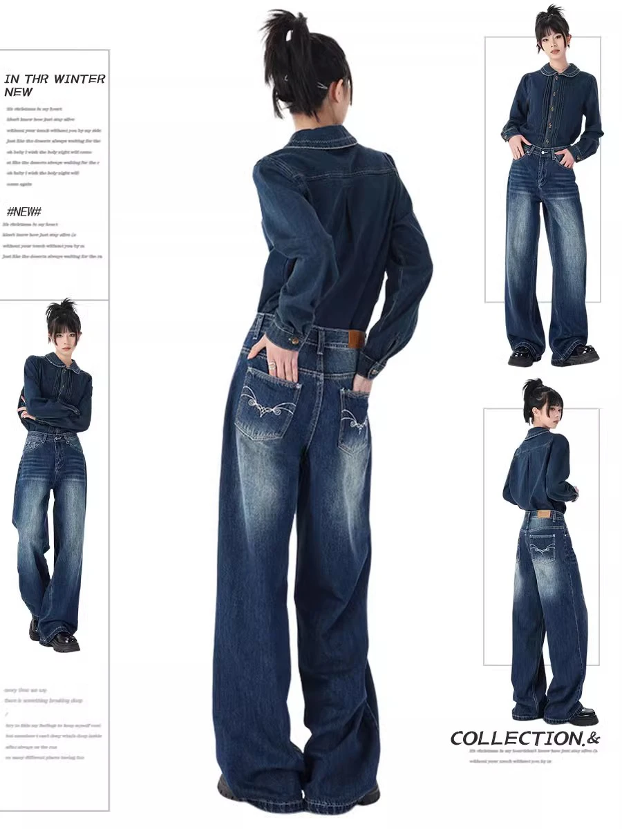 

Retro American Blue Embroidered Wide Leg Jeans Women's Loose Slim High Waist Straight Floor-Length Pants Autumn New Style