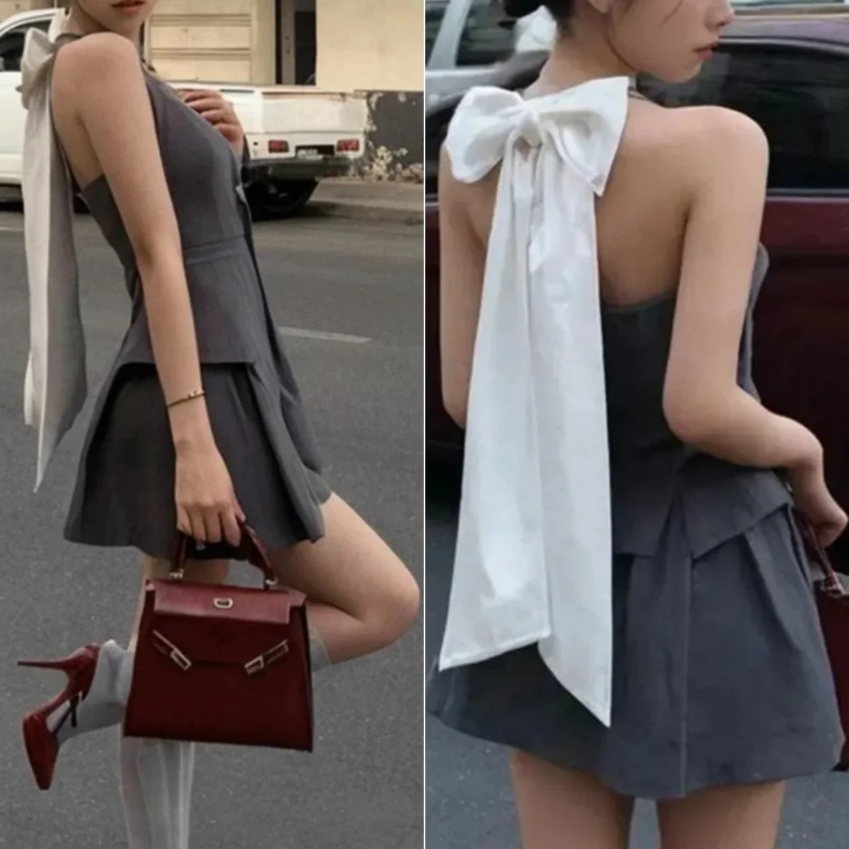 French Elegant 2 Piece Skirt Set Women Sexy Backless Sleeveless Y2k Crop Top Vest Casual Slim Pleated Crop Skirt Summer 2024