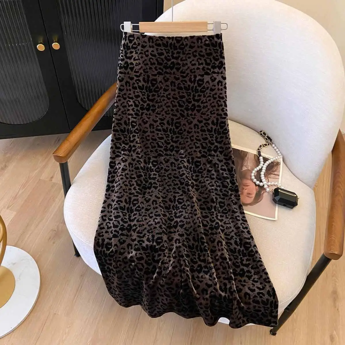 Autumn Women Clothing Vintage Leopard High Waist A-line Skirt Ladies All-match Fashionable Long Dress Femme Temperament Skirts