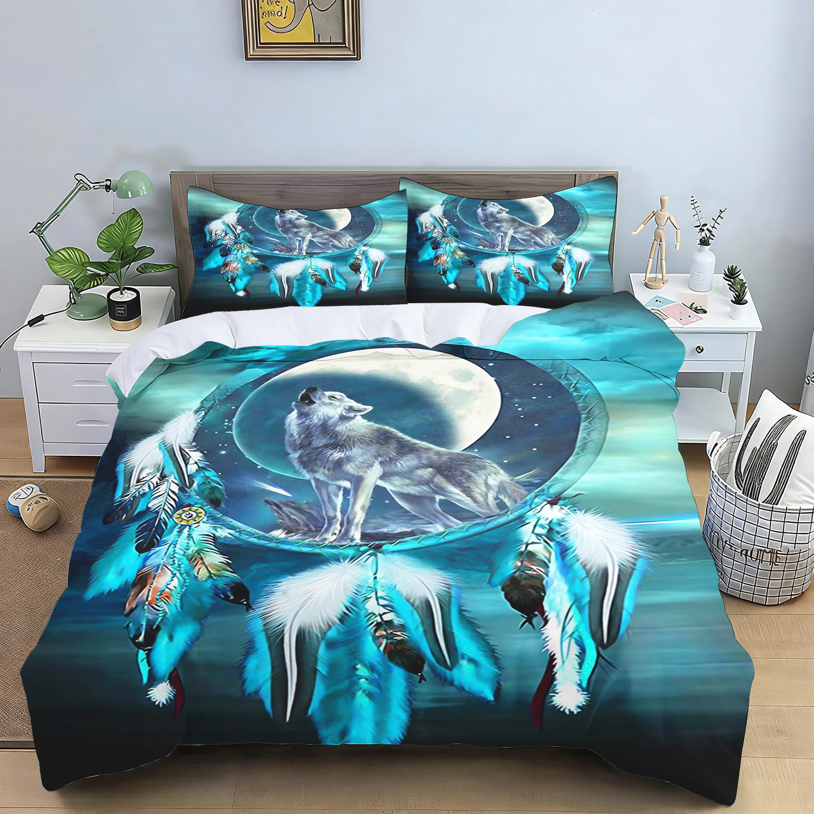 Wolf Bedding Set Duvet Cover Galaxy  Dreamcatcher Print Couple Wolves Duvet Cover for Men Boys