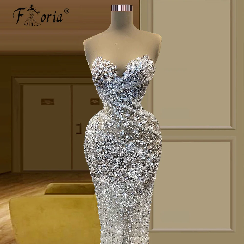 Vestido de sirena de lujo con cuentas brillantes, vestidos de fiesta formales de noche con ilusión de cristal, alfombra roja, vestidos de pasarela