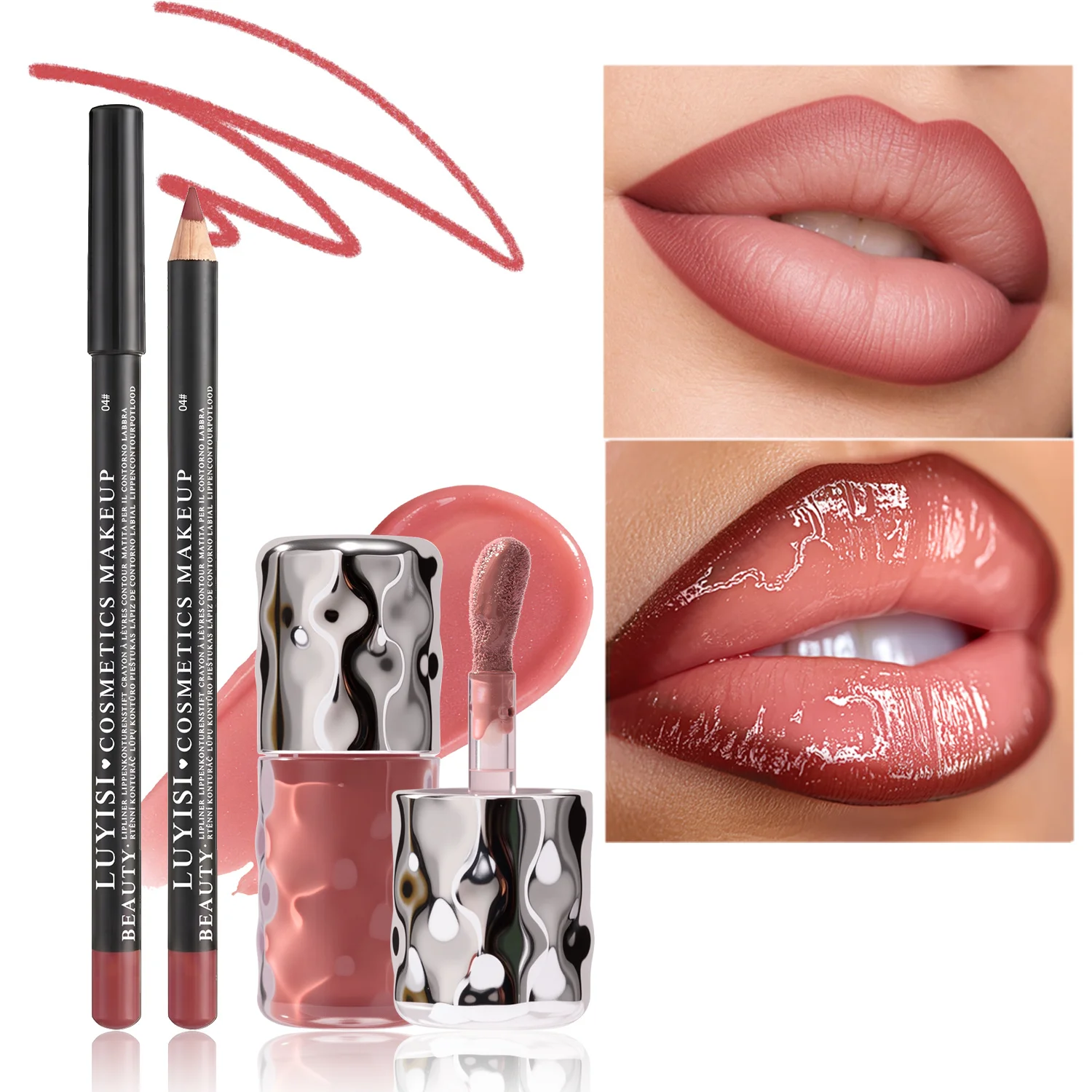 Dairy Lip Kit Set-1pc Matte Lip Liner+1pc Hydrating Lip Gloss, Assorted Color Velvet Definition&Glassy Shine, Nourishing Formula