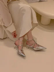 Temperamental Celebrity Style Silver Pointed Thin High Heel Shoes Women's Sandals Baotou Ankle Buckle Strap Slingback Pumps