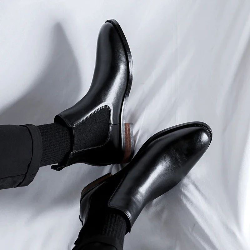 New Brown Chelsea Boots for Men Black Microfiber Ankle Round Toe Business Boots Men Size 38-44 Men Boots