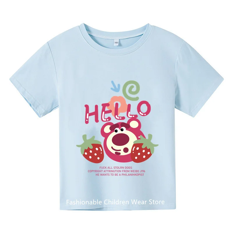 2024 Cute Strawberry Bear Lotso Kids T-shirt Summer Crewneck Cotton Boys Girls Student short-sleeved Casual T-shirt Fashion T-sh