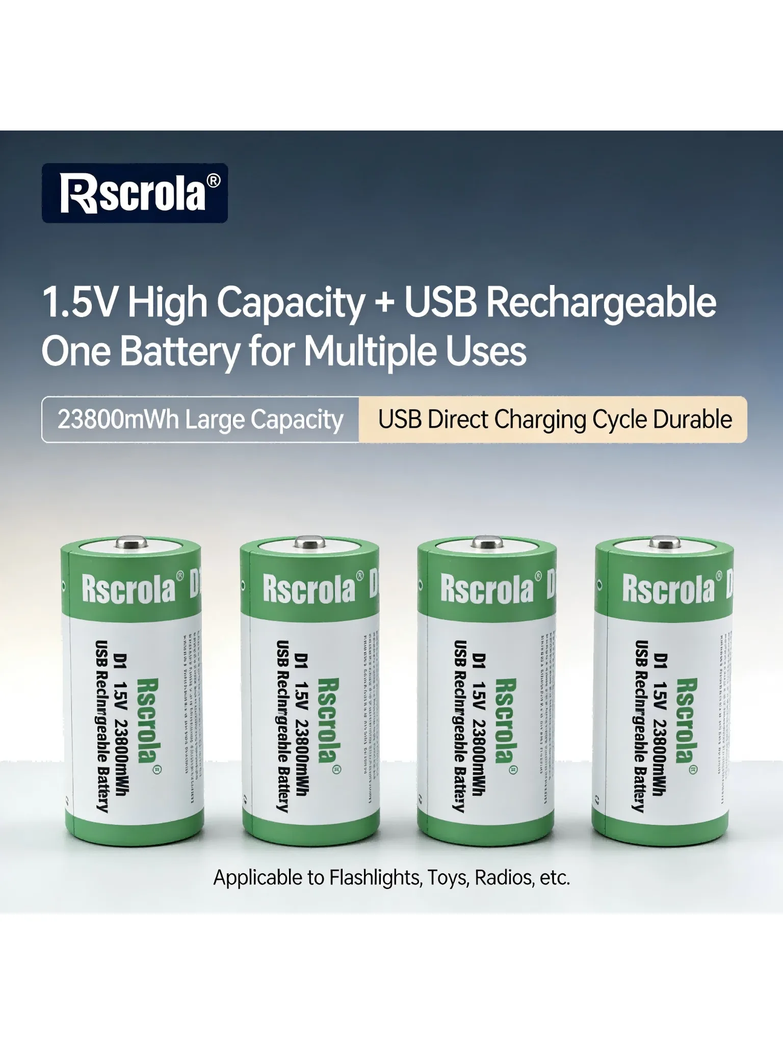 AliExpress Rscrola D Size 1.5V 23800mWh Rechargeable Battery, Type-C Fast Charging, Long Cycle Life for Flashlight, Radio, Toys, Emergency Light